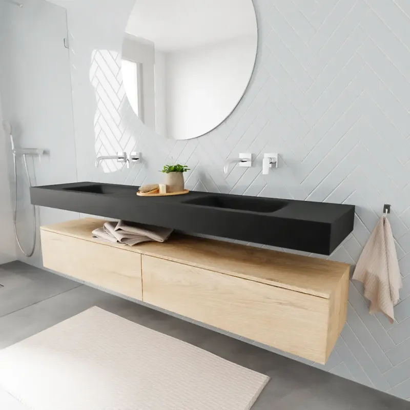 Meest Verkocht Zaro ALAN vrijhangende wastafel 200cm met wasbak dubbel en onderkast in kleur washed oak 2 lade(s)