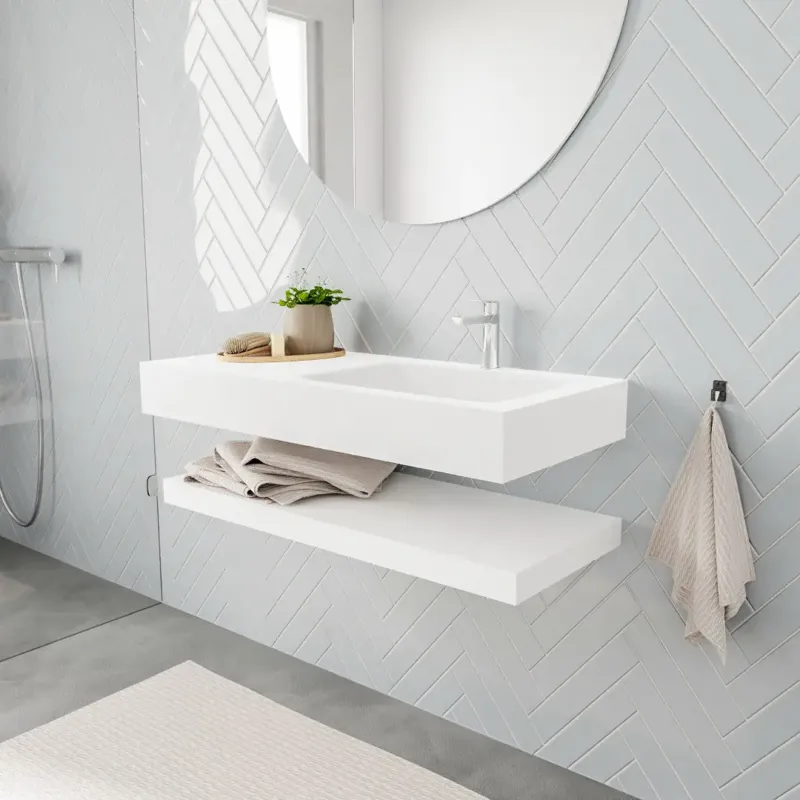 Bestel Nu Zaro ALAN vrijhangende wastafel 100cm met wasbak Enkel rechts en solid suface planchet in kleur Wit mat 0 lade(s)