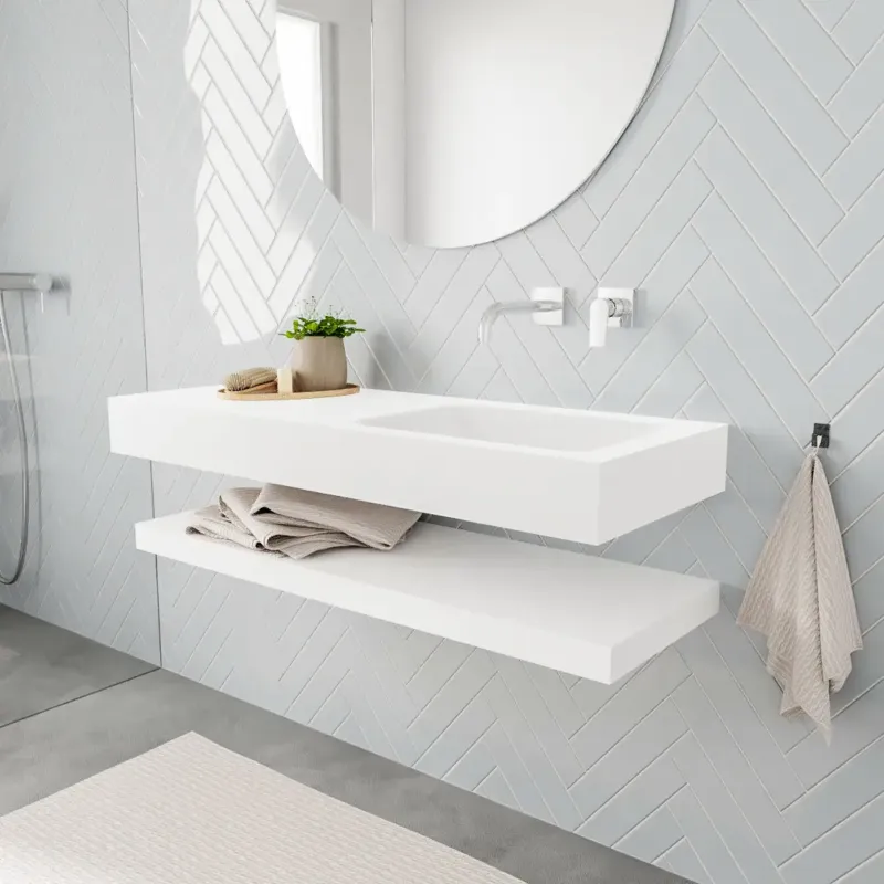 Superprijs Zaro ALAN vrijhangende wastafel 120cm met wasbak Enkel rechts en solid suface planchet in kleur Wit mat 0 lade(s)