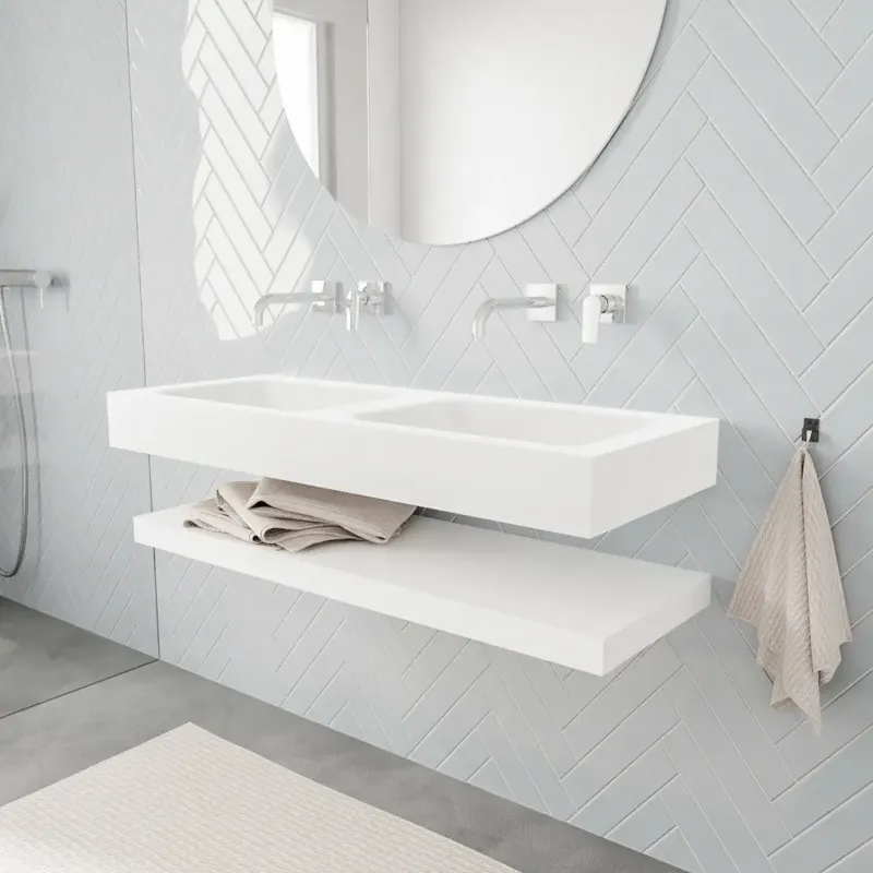 Exclusieve Aanbieding Zaro ALAN vrijhangende wastafel 120cm met wasbak dubbel en solid suface planchet in kleur Wit mat 0 lade(s)
