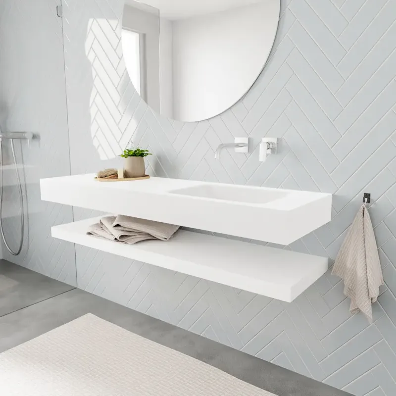 Zaro ALAN vrijhangende wastafel 150cm met wasbak Enkel rechts en solid suface planchet in kleur Wit mat 0 lade(s) Must-Have