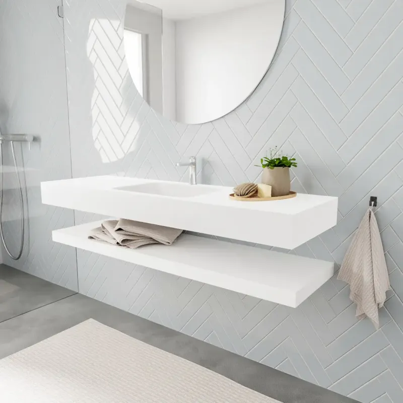 Zaro ALAN vrijhangende wastafel 150cm met wasbak Enkel midden en solid suface planchet in kleur Wit mat 0 lade(s) Must-Have