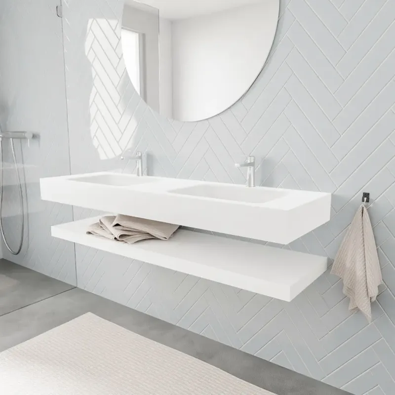 Zaro ALAN vrijhangende wastafel 150cm met wasbak dubbel en solid suface planchet in kleur Wit mat 0 lade(s) Weekendaanbieding