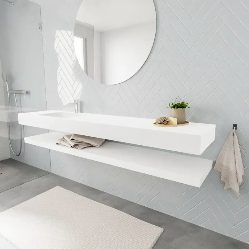 Zaro ALAN vrijhangende wastafel 200cm met wasbak Enkel links en solid suface planchet in kleur Wit mat 0 lade(s) Merkproduct