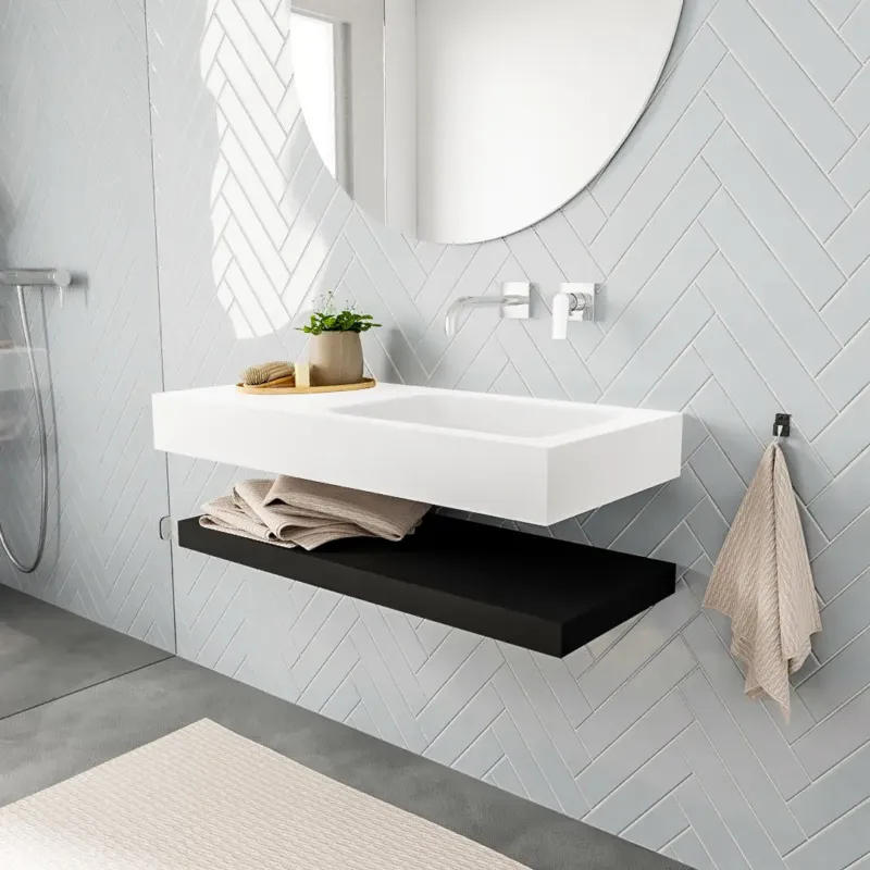 Zaro ALAN vrijhangende wastafel 100cm met wasbak Enkel rechts en solid suface planchet in kleur Zwart mat 0 lade(s) Goedkoop