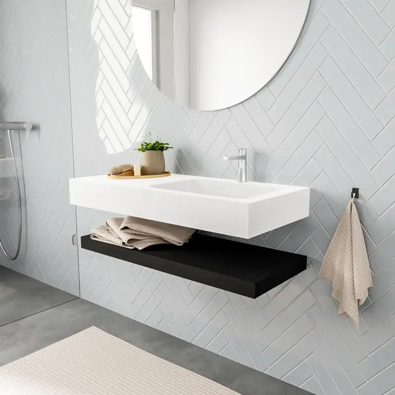 Zaro ALAN vrijhangende wastafel 100cm met wasbak Enkel rechts en solid suface planchet in kleur Zwart mat 0 lade(s) Korting