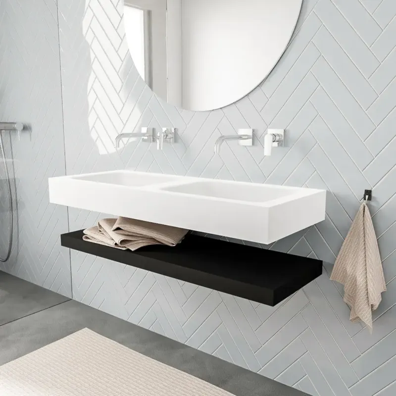 Zaro ALAN vrijhangende wastafel 120cm met wasbak dubbel en solid suface planchet in kleur Zwart mat 0 lade(s) Uitverkoop