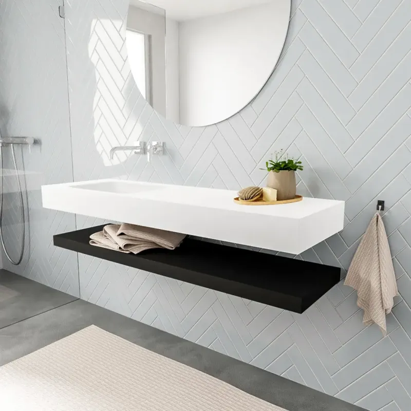 Zaro ALAN vrijhangende wastafel 150cm met wasbak Enkel links en solid suface planchet in kleur Zwart mat 0 lade(s) Exclusieve Aanbieding