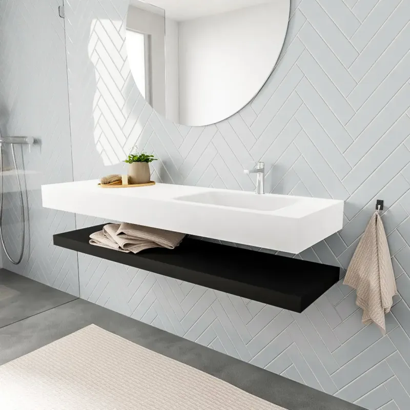 Zaro ALAN vrijhangende wastafel 150cm met wasbak Enkel rechts en solid suface planchet in kleur Zwart mat 0 lade(s) Lage Prijs
