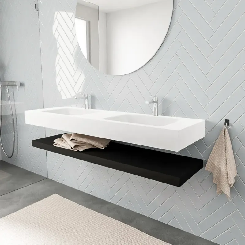 Zaro ALAN vrijhangende wastafel 150cm met wasbak dubbel en solid suface planchet in kleur Zwart mat 0 lade(s) Laatste Versie