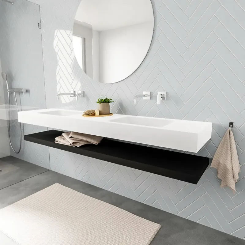 Zaro ALAN vrijhangende wastafel 200cm met wasbak dubbel en solid suface planchet in kleur Zwart mat 0 lade(s) Weekendaanbieding