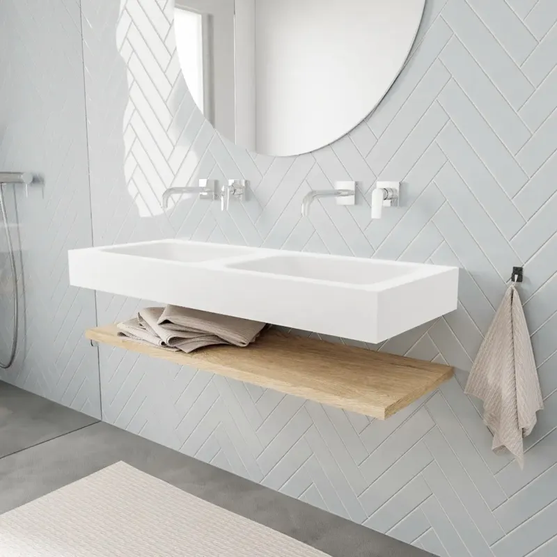 Zaro ALAN vrijhangende wastafel 120cm met wasbak dubbel en planchet in kleur washed oak 0 lade(s) Lage Prijs
