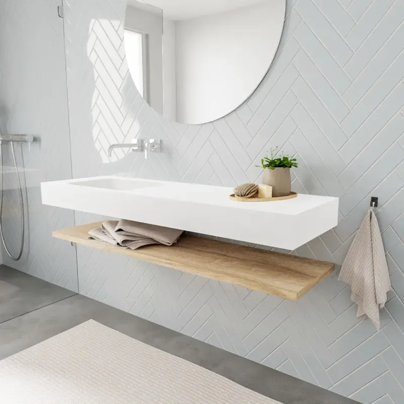 Zaro ALAN vrijhangende wastafel 150cm met wasbak Enkel links en planchet in kleur washed oak 0 lade(s) Fabrieksprijs