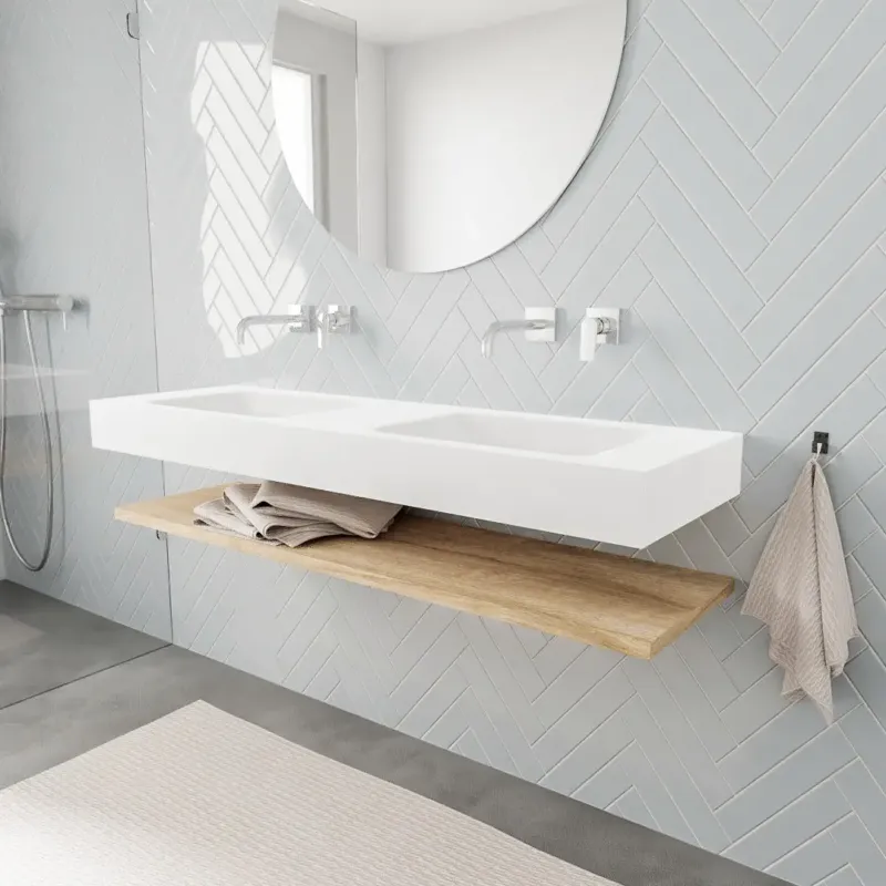 Merkproduct Zaro ALAN vrijhangende wastafel 150cm met wasbak dubbel en planchet in kleur washed oak 0 lade(s)