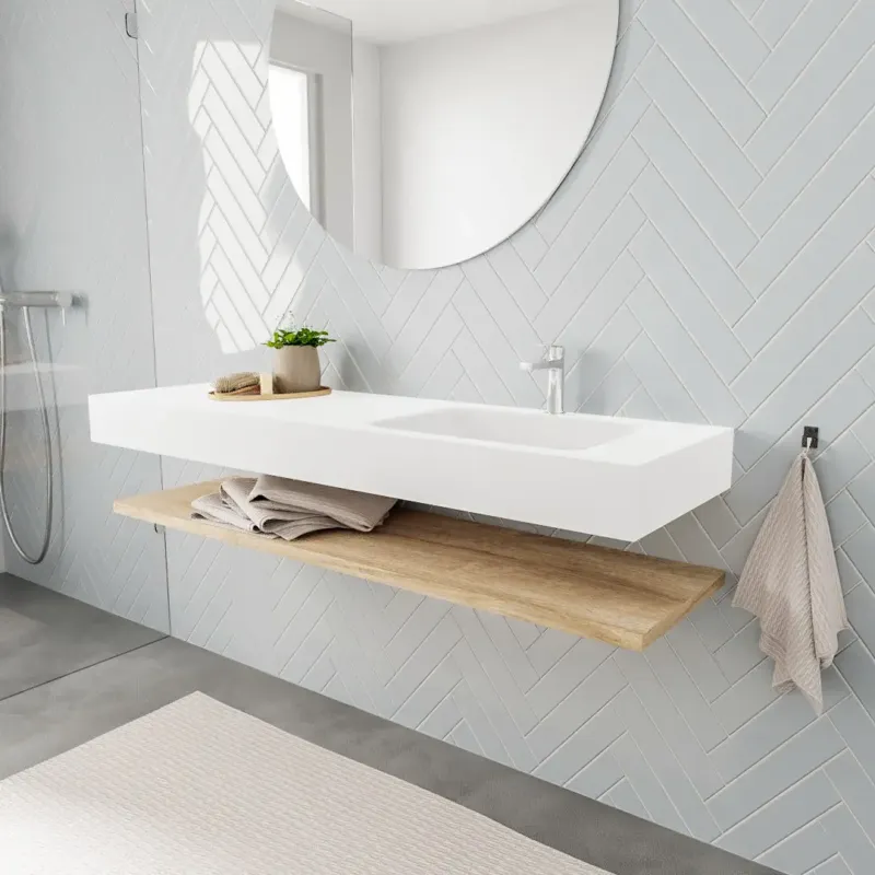 Bestseller Zaro ALAN vrijhangende wastafel 150cm met wasbak Enkel rechts en planchet in kleur washed oak 0 lade(s)