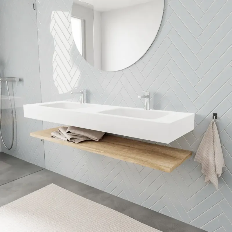 Express Levering Zaro ALAN vrijhangende wastafel 150cm met wasbak dubbel en planchet in kleur washed oak 0 lade(s)