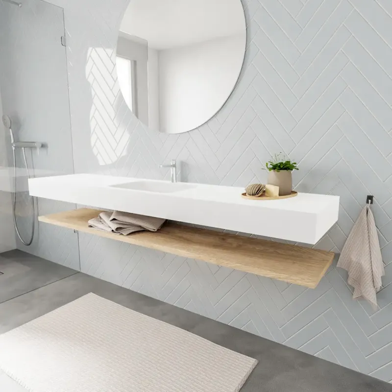 Zaro ALAN vrijhangende wastafel 200cm met wasbak Enkel midden en planchet in kleur washed oak 0 lade(s) Bestel Nu