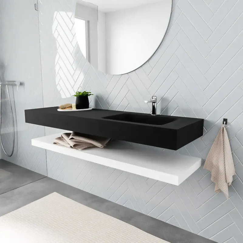 Zaro ALAN vrijhangende wastafel 150cm met wasbak Enkel rechts en solid suface planchet in kleur Wit mat 0 lade(s) Gereduceerde Prijs