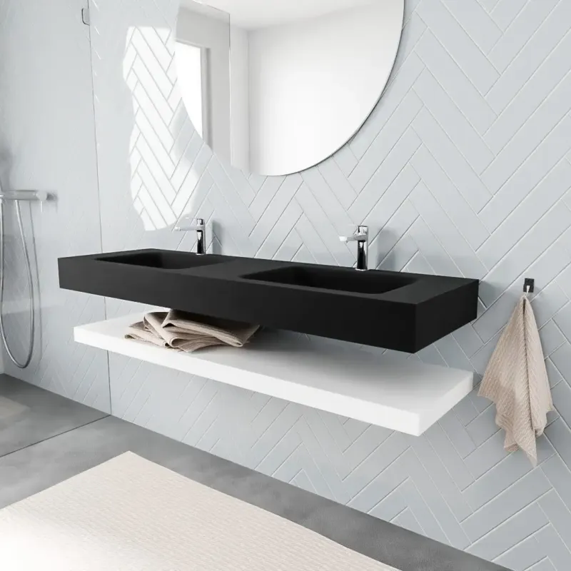 Beperkte Voorraad Zaro ALAN vrijhangende wastafel 150cm met wasbak dubbel en solid suface planchet in kleur Wit mat 0 lade(s)