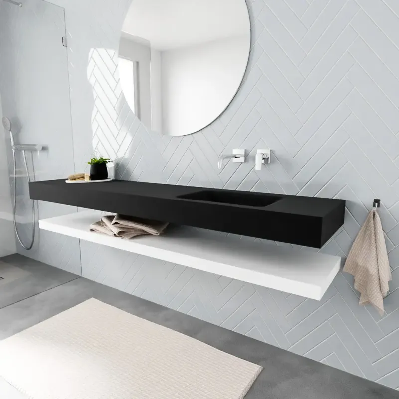 Zaro ALAN vrijhangende wastafel 200cm met wasbak Enkel rechts en solid suface planchet in kleur Wit mat 0 lade(s) Betrouwbaar