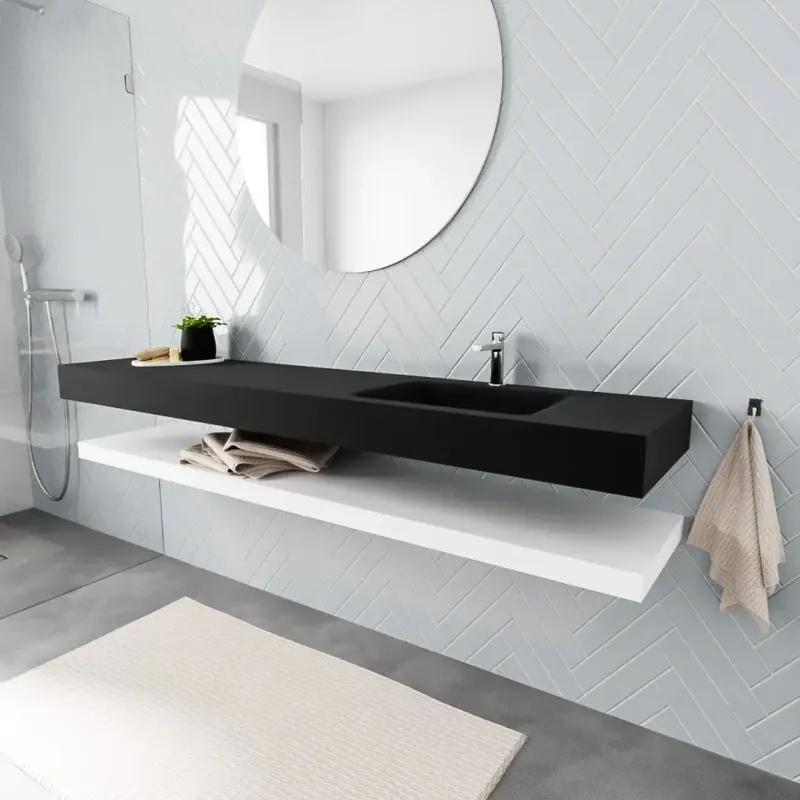 Merkproduct Zaro ALAN vrijhangende wastafel 200cm met wasbak Enkel rechts en solid suface planchet in kleur Wit mat 0 lade(s)