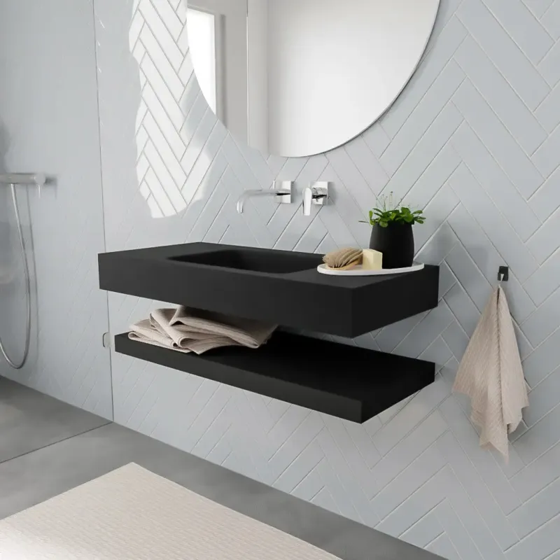 Laatste Kans Zaro ALAN vrijhangende wastafel 100cm met wasbak Enkel midden en solid suface planchet in kleur Zwart mat 0 lade(s)