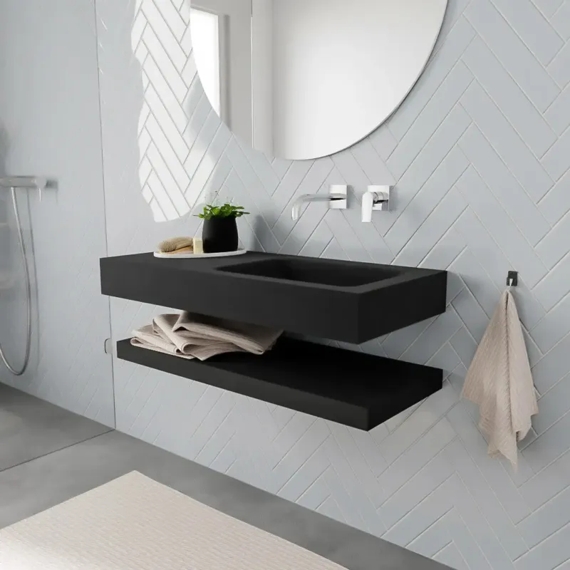 Zaro ALAN vrijhangende wastafel 100cm met wasbak Enkel rechts en solid suface planchet in kleur Zwart mat 0 lade(s) Alleen Vandaag