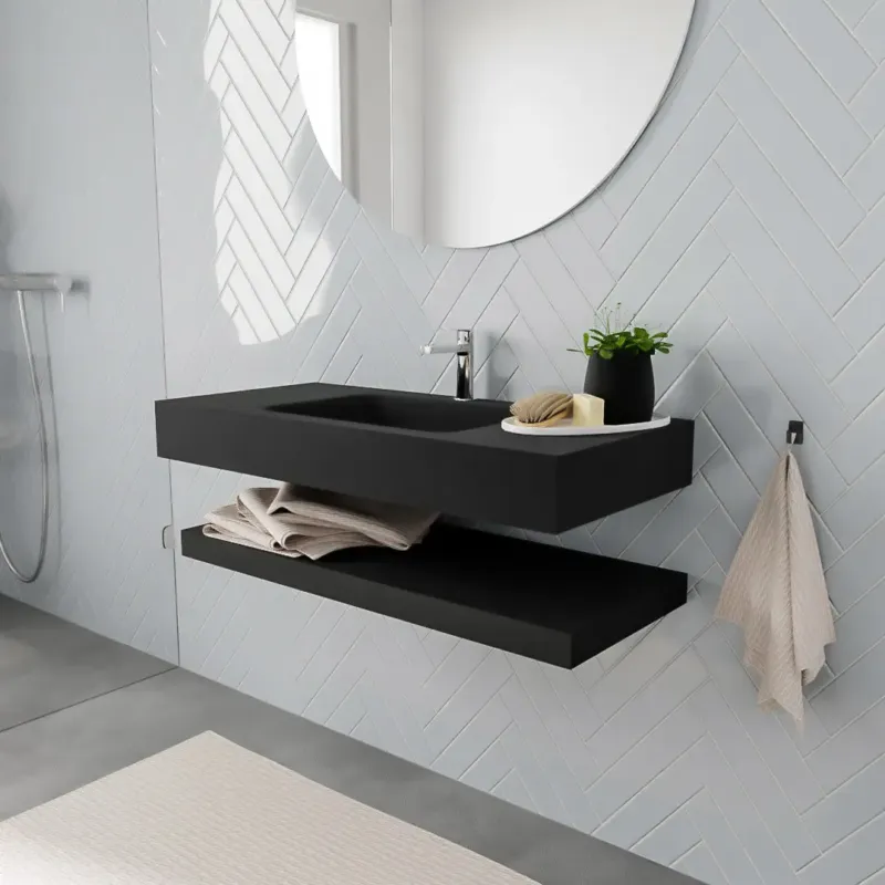 Aanbieding Zaro ALAN vrijhangende wastafel 100cm met wasbak Enkel midden en solid suface planchet in kleur Zwart mat 0 lade(s)