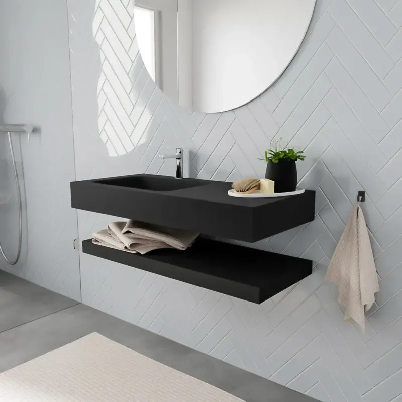 Speciale Aanbieding Zaro ALAN vrijhangende wastafel 100cm met wasbak Enkel links en solid suface planchet in kleur Zwart mat 0 lade(s)
