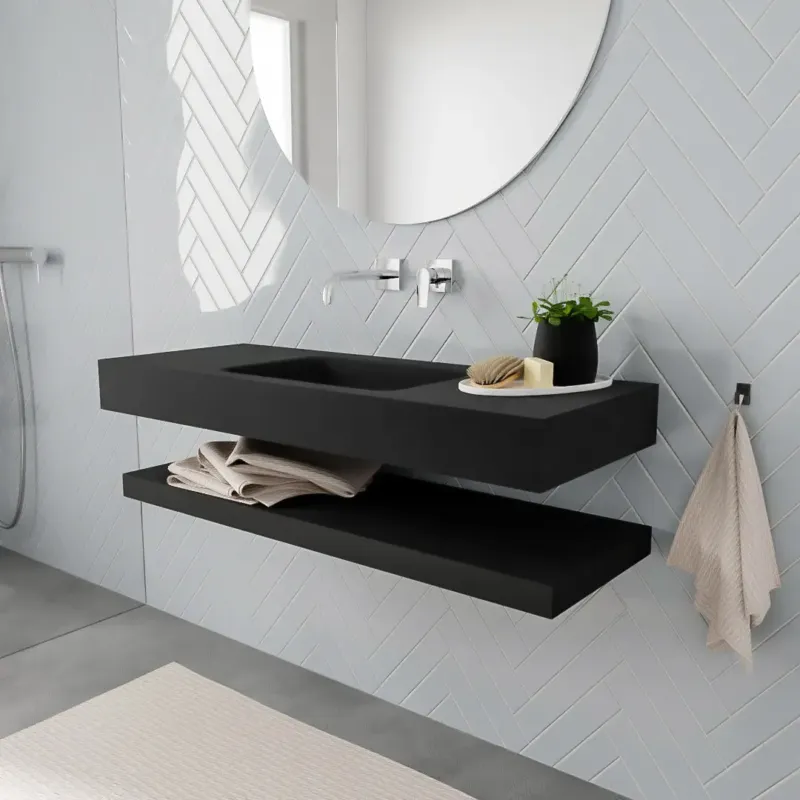 Zaro ALAN vrijhangende wastafel 120cm met wasbak Enkel midden en solid suface planchet in kleur Zwart mat 0 lade(s) Voordeelprijs