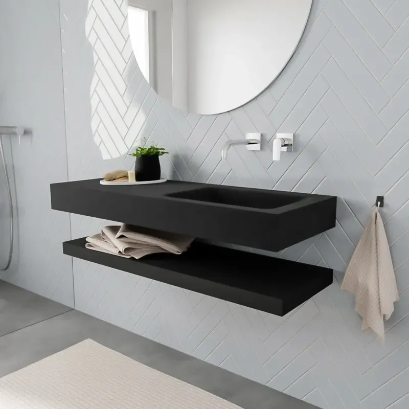 Zaro ALAN vrijhangende wastafel 120cm met wasbak Enkel rechts en solid suface planchet in kleur Zwart mat 0 lade(s) Exclusieve Aanbieding