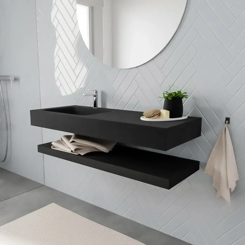 Zaro ALAN vrijhangende wastafel 120cm met wasbak Enkel links en solid suface planchet in kleur Zwart mat 0 lade(s) Express Levering