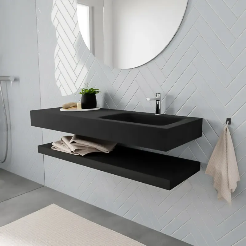 Speciale Aanbieding Zaro ALAN vrijhangende wastafel 120cm met wasbak Enkel rechts en solid suface planchet in kleur Zwart mat 0 lade(s)