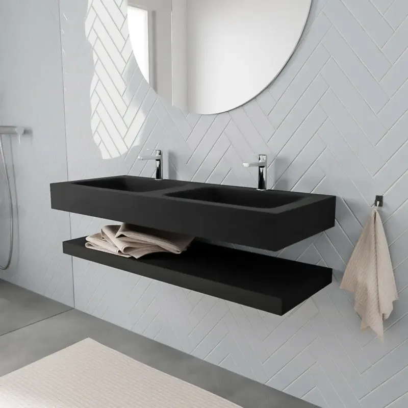 Zaro ALAN vrijhangende wastafel 120cm met wasbak dubbel en solid suface planchet in kleur Zwart mat 0 lade(s) Aanbieding