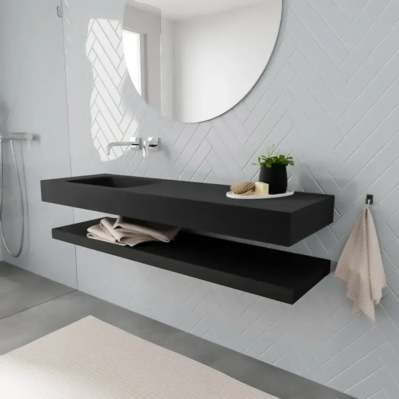 Zaro ALAN vrijhangende wastafel 150cm met wasbak Enkel links en solid suface planchet in kleur Zwart mat 0 lade(s) Hoge Kwaliteit
