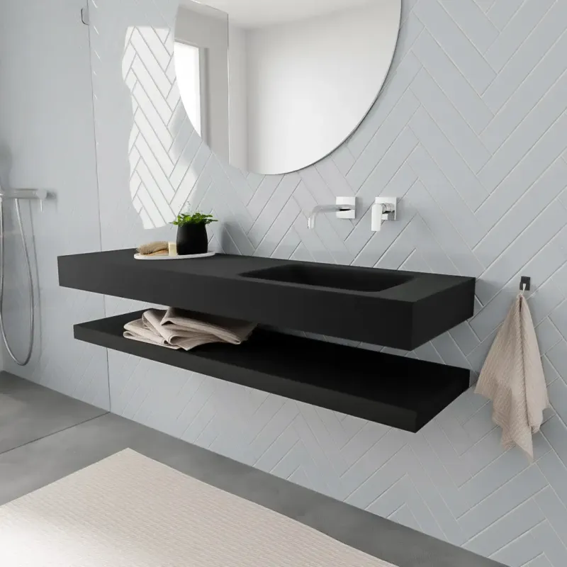 Zaro ALAN vrijhangende wastafel 150cm met wasbak Enkel rechts en solid suface planchet in kleur Zwart mat 0 lade(s) Korting