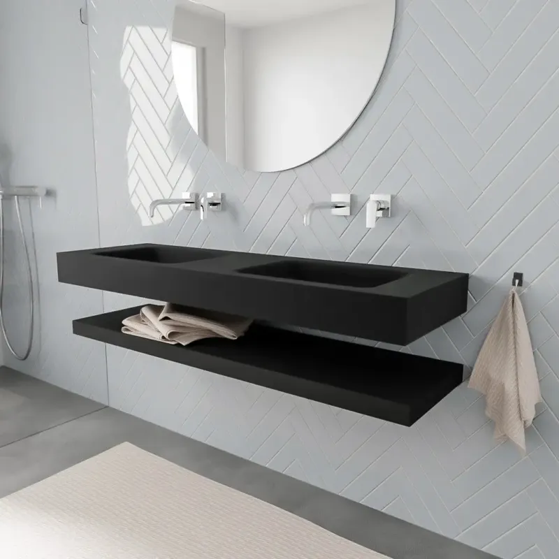 Shop Nu Zaro ALAN vrijhangende wastafel 150cm met wasbak dubbel en solid suface planchet in kleur Zwart mat 0 lade(s)