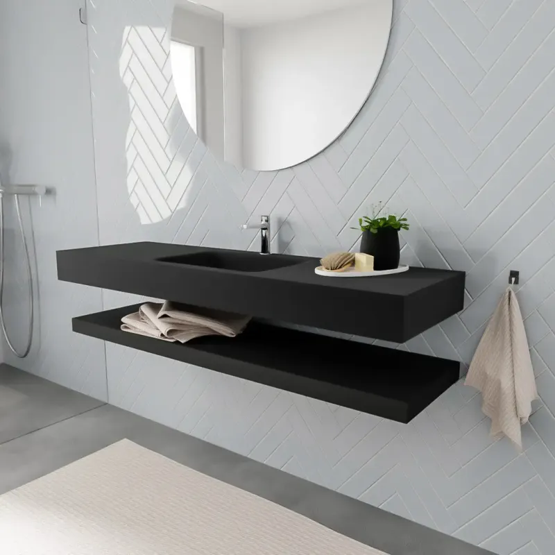 Zaro ALAN vrijhangende wastafel 150cm met wasbak Enkel midden en solid suface planchet in kleur Zwart mat 0 lade(s) Direct Verzonden