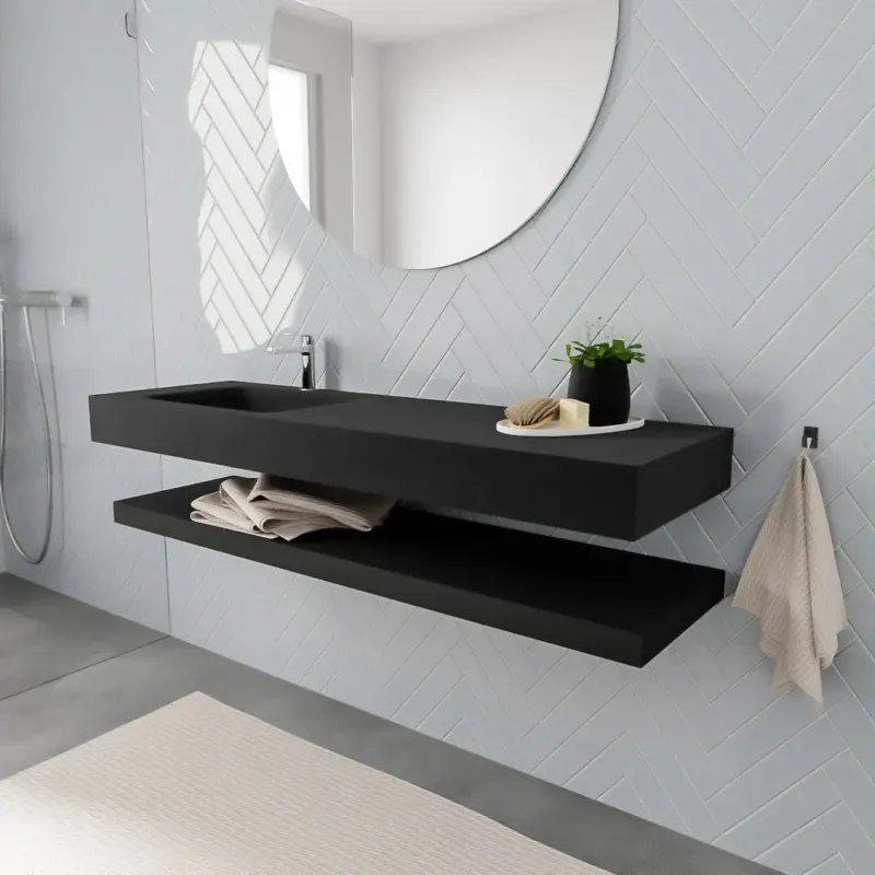 Zaro ALAN vrijhangende wastafel 150cm met wasbak Enkel links en solid suface planchet in kleur Zwart mat 0 lade(s) Weekendaanbieding
