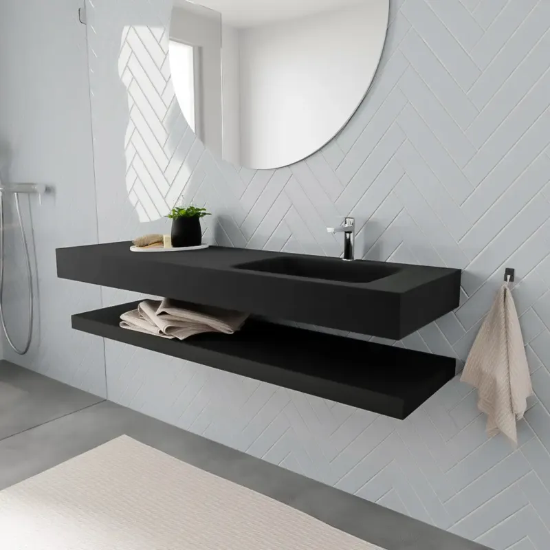 Zaro ALAN vrijhangende wastafel 150cm met wasbak Enkel rechts en solid suface planchet in kleur Zwart mat 0 lade(s) Lage Prijs