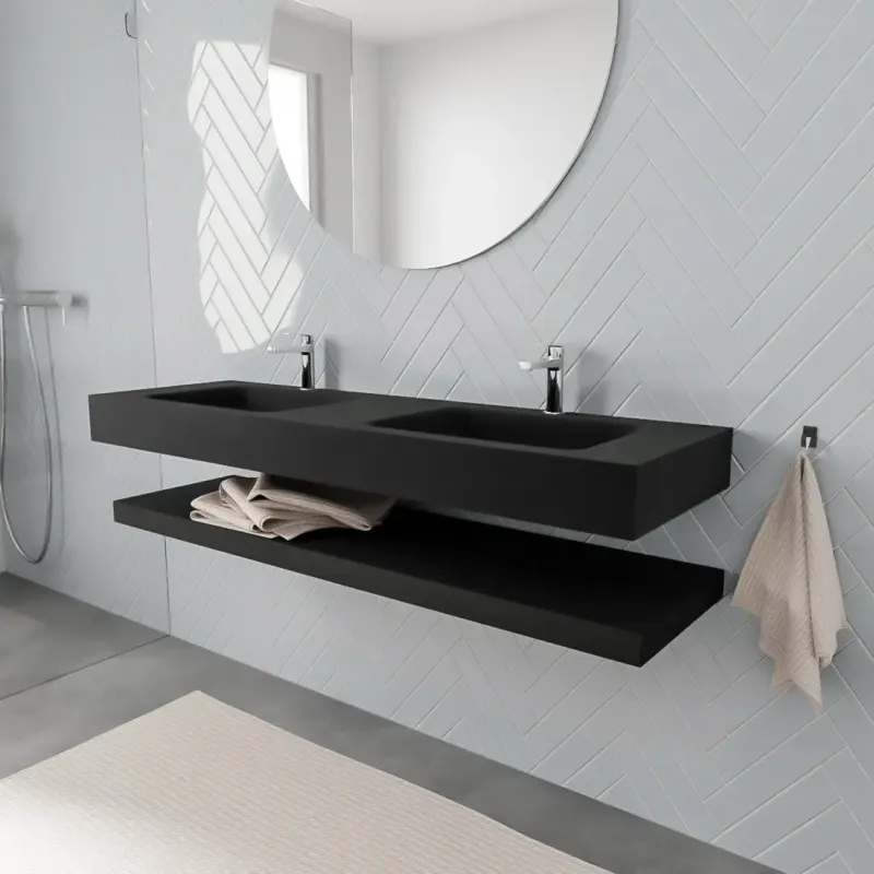 Zaro ALAN vrijhangende wastafel 150cm met wasbak dubbel en solid suface planchet in kleur Zwart mat 0 lade(s) Lage Prijs
