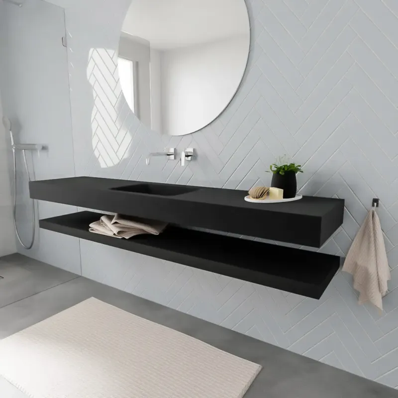 Zaro ALAN vrijhangende wastafel 200cm met wasbak Enkel midden en solid suface planchet in kleur Zwart mat 0 lade(s) Gecertificeerd