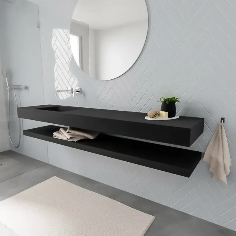 Zaro ALAN vrijhangende wastafel 200cm met wasbak Enkel links en solid suface planchet in kleur Zwart mat 0 lade(s) Laatste Kans