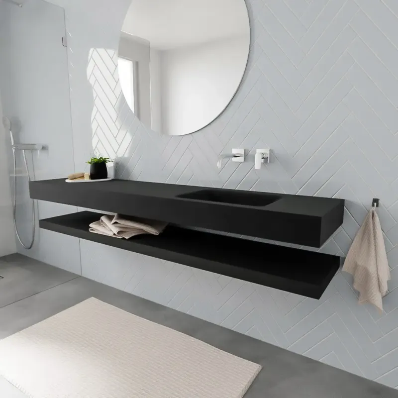 Korting Zaro ALAN vrijhangende wastafel 200cm met wasbak Enkel rechts en solid suface planchet in kleur Zwart mat 0 lade(s)