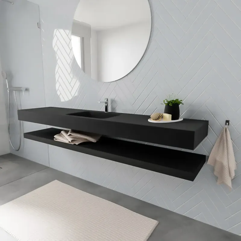Zaro ALAN vrijhangende wastafel 200cm met wasbak Enkel midden en solid suface planchet in kleur Zwart mat 0 lade(s) Fabrieksprijs