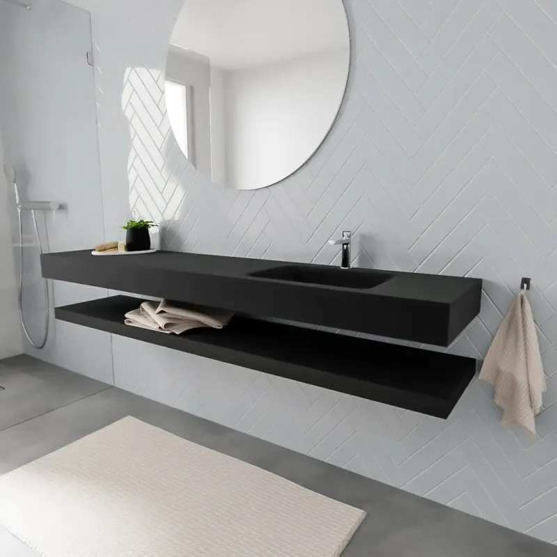 Zaro ALAN vrijhangende wastafel 200cm met wasbak Enkel rechts en solid suface planchet in kleur Zwart mat 0 lade(s) Bestel Nu