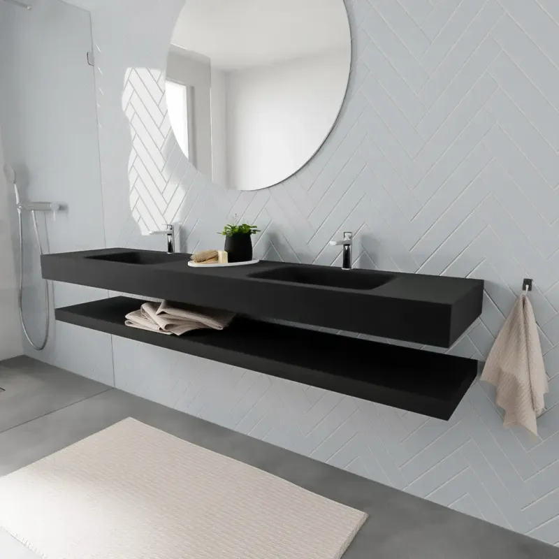 Meest Verkocht Zaro ALAN vrijhangende wastafel 200cm met wasbak dubbel en solid suface planchet in kleur Zwart mat 0 lade(s)