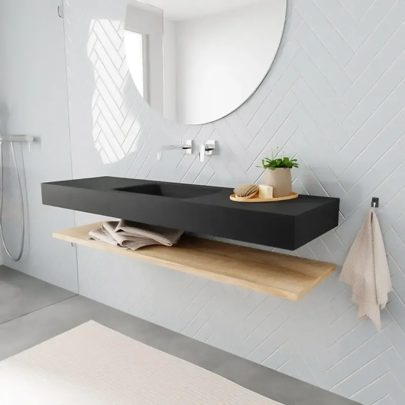 Fabrieksprijs Zaro ALAN vrijhangende wastafel 150cm met wasbak Enkel midden en planchet in kleur washed oak 0 lade(s)