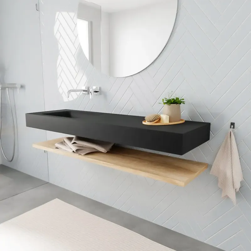 Zaro ALAN vrijhangende wastafel 150cm met wasbak Enkel links en planchet in kleur washed oak 0 lade(s) Gecertificeerd