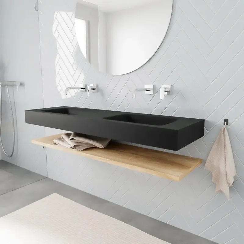 Bestel Nu Zaro ALAN vrijhangende wastafel 150cm met wasbak dubbel en planchet in kleur washed oak 0 lade(s)